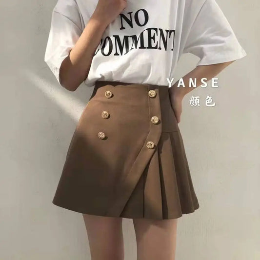 Korean Style Irregular Double Breasted Pleated A Line Skirt For Women Summer Autumn Chic Elegant Ladies Suit Skirt